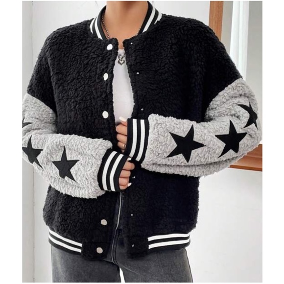 Cozy Sherpa Teddy Star Print Sleeves Oversized Bomber Jacket - Picture 3 of 4